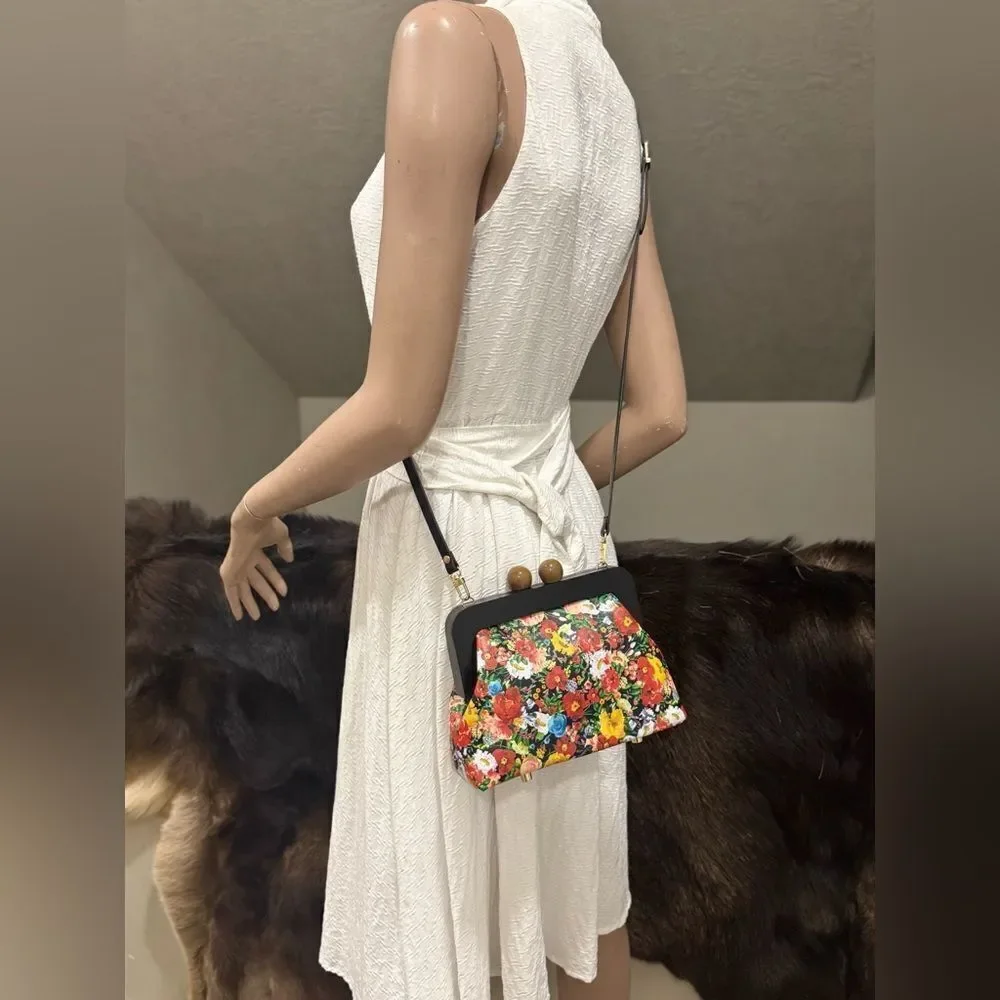Floral Print Cowhide Leather Handmade Wooden Frame Clutch Bag/Crossbody